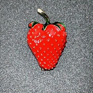 Goldtone Strawberry Brooch Enamelled Red And Green Modern Costume Jewelry